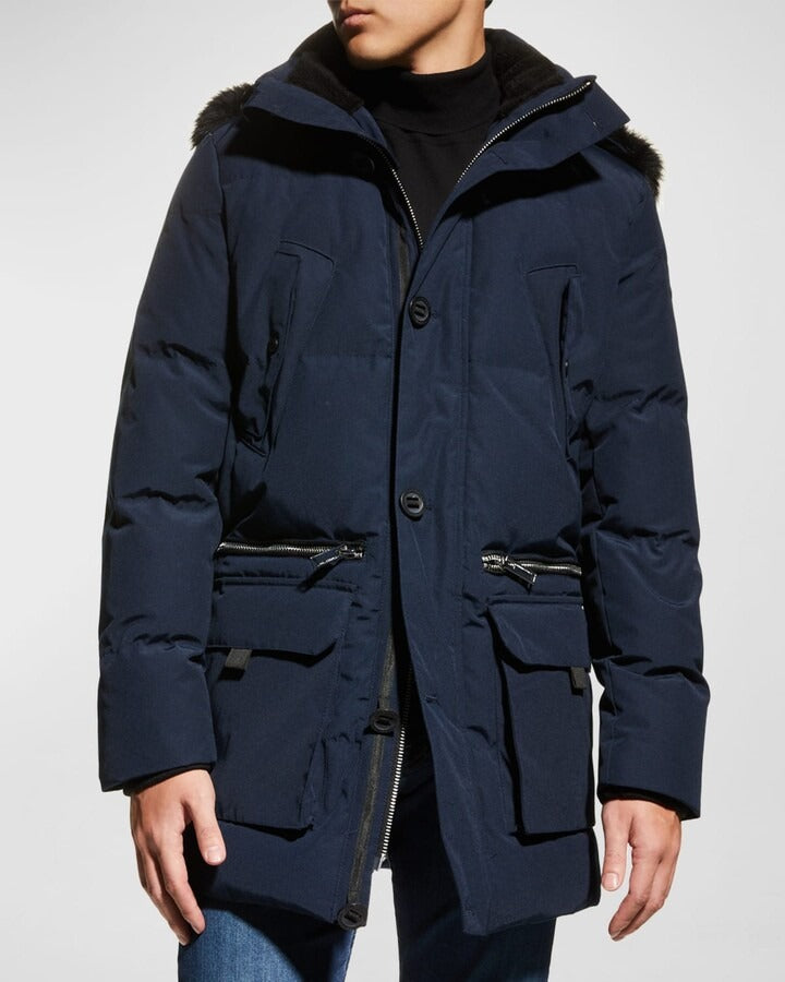 Karl Lagerfeld Paris Quilted Fur Trim Down Hooded Parka Coat Large Navy Blue
