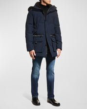 Karl Lagerfeld Paris Quilted Fur Trim Down Hooded Parka Coat Large Navy Blue