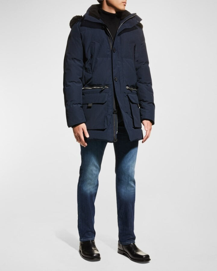 Karl Lagerfeld Paris Quilted Fur Trim Down Hooded Parka Coat Large Navy Blue