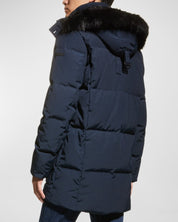 Karl Lagerfeld Paris Quilted Fur Trim Down Hooded Parka Coat Large Navy Blue
