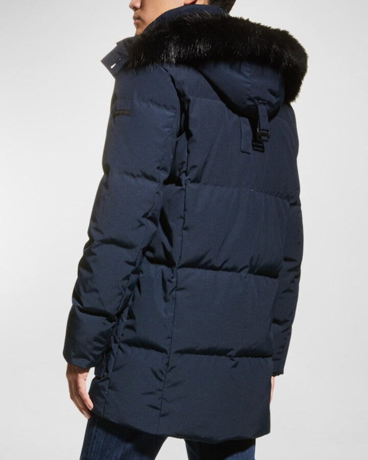 Karl Lagerfeld Paris Quilted Fur Trim Down Hooded Parka Coat Large Navy Blue