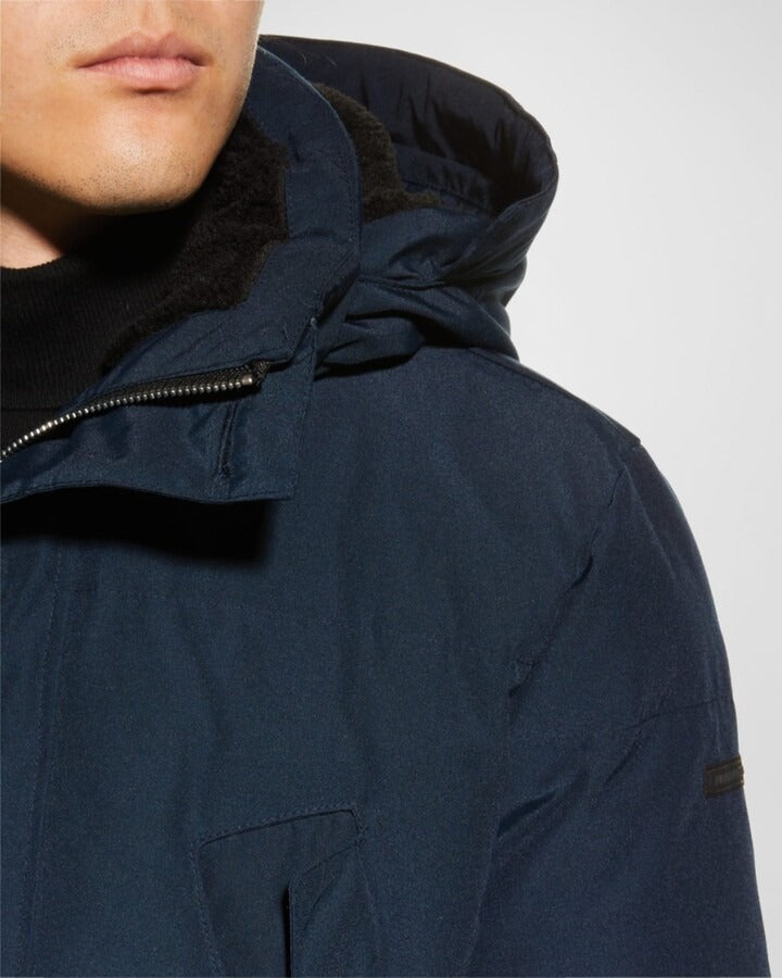 Karl Lagerfeld Paris Quilted Fur Trim Down Hooded Parka Coat Large Navy Blue
