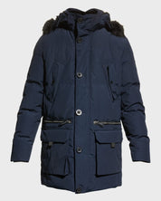 Karl Lagerfeld Paris Quilted Fur Trim Down Hooded Parka Coat Large Navy Blue