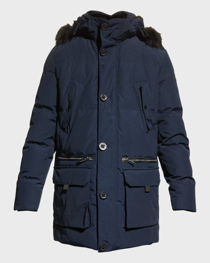 Karl Lagerfeld Paris Quilted Fur Trim Down Hooded Parka Coat Large Navy Blue