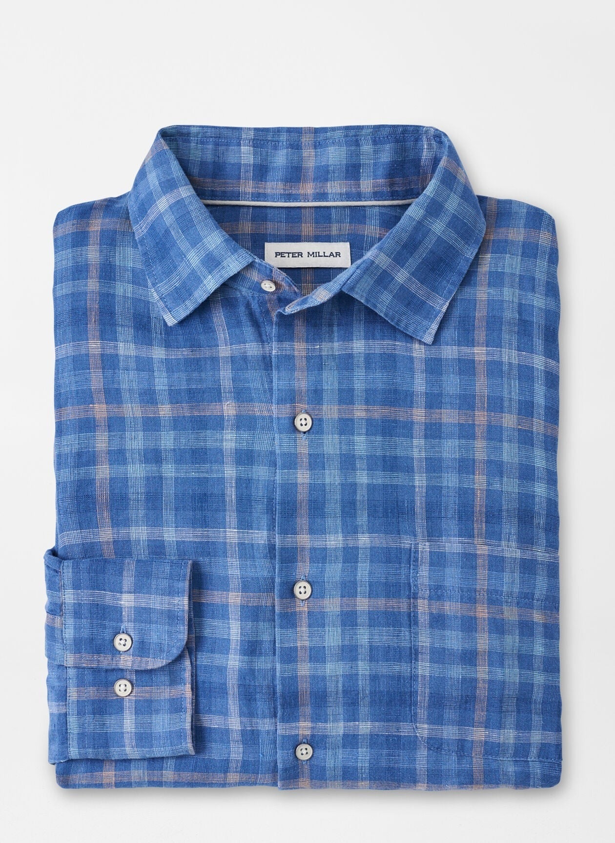 Peter Millar Mens Ashore Linen Sport Button Up Shirt XXL Moon Blue Plaid
