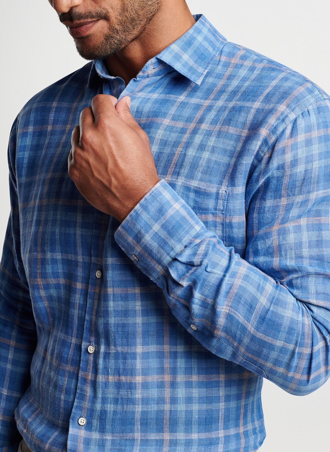 Peter Millar Mens Ashore Linen Sport Button Up Shirt Large Moon Blue Plaid