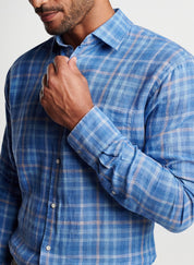 Peter Millar Mens Ashore Linen Sport Button Up Shirt Large Moon Blue Plaid