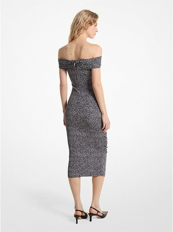 Michael Kors Leopard Print Stretch Matte Jersey Off-The-Shoulder Dress Large