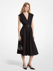 Michael Kors Stretch Organic Cotton Poplin Midi Belted Dress Large Black