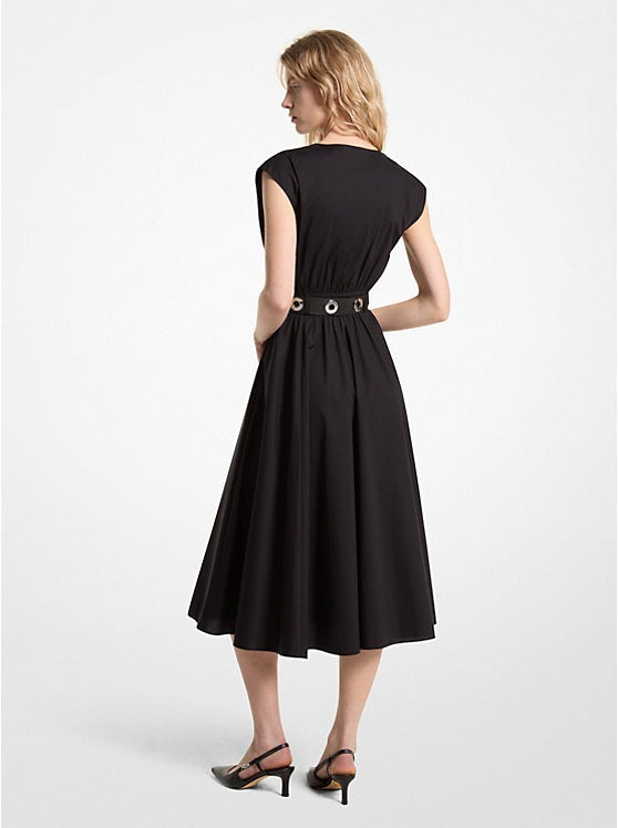 Michael Kors Stretch Organic Cotton Poplin Midi Belted Dress Small Black