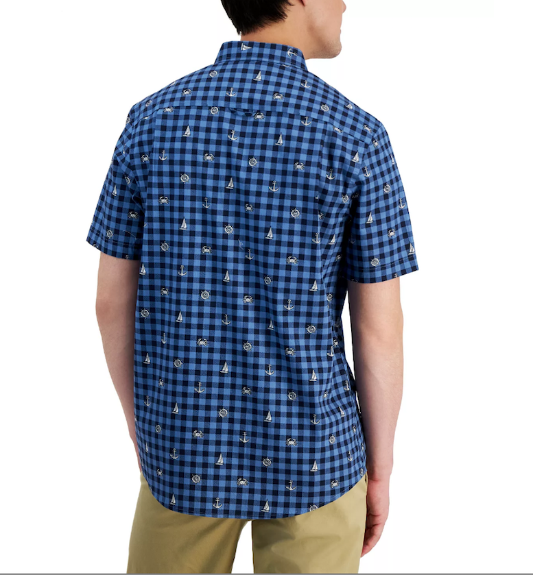 Club Room Mens Peter Classic Fit Maritime Print Check Button Down Poplin Shirt Blue Medium