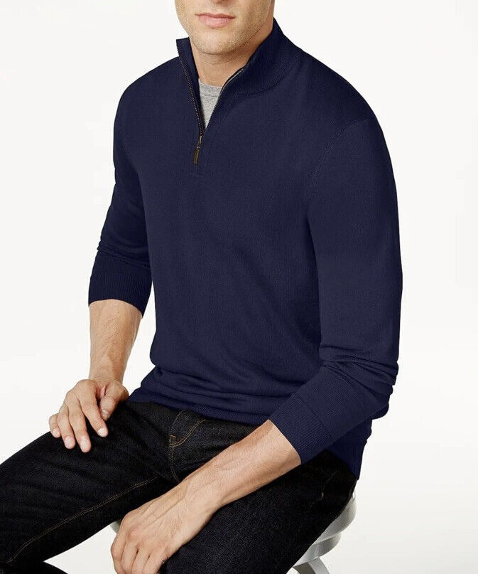 Club Room Mens Regular-Fit 1/4 Zip Sweater Navy Blue 2XL XXL Merino Wool