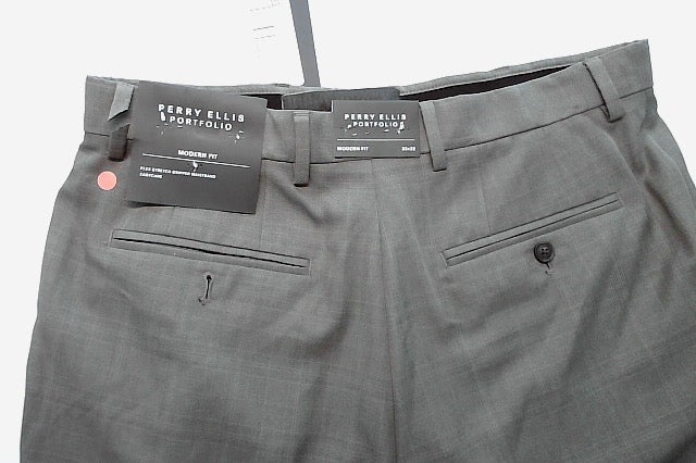 Perry Ellis Mens Modern fit Dress Pants 33 / 32 Brown Plaid Stretch