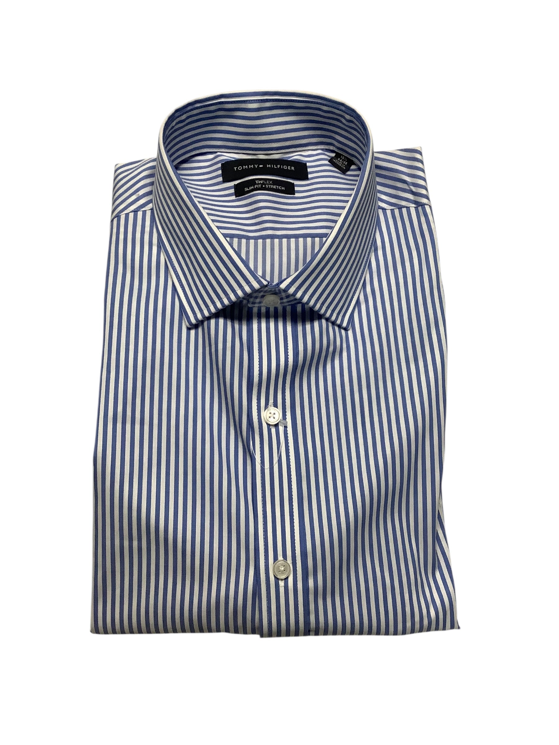 Tommy Hilfiger Mens Slim fit Dress Shirt Large 16.5 in 34-35 Blue Striped
