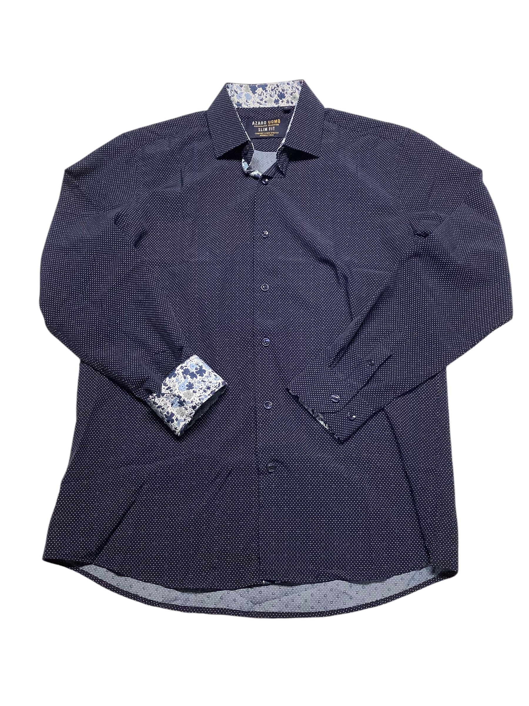 Azaro Uomo Mens Slim fit Dress Shirt Large Long Sleeve Blue Polka Dot