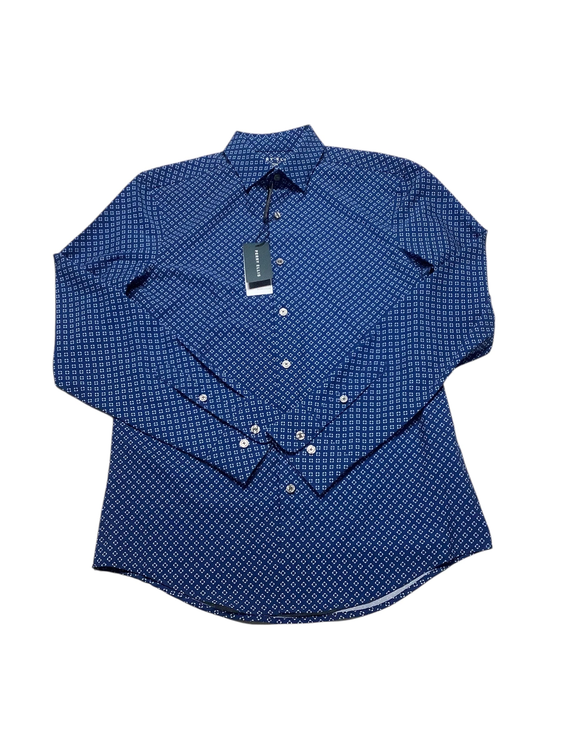 Perry Ellis Mens Slim fit Dress Shirt XXL Long Sleeve Blue Geometric