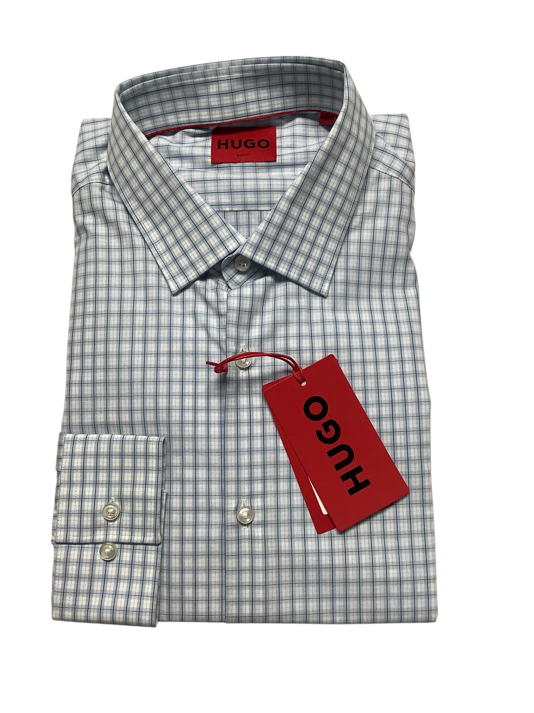 Hugo Boss Mens Slim fit Dress Shirt XL 17.5 in Long Sleeve Blue Plaid