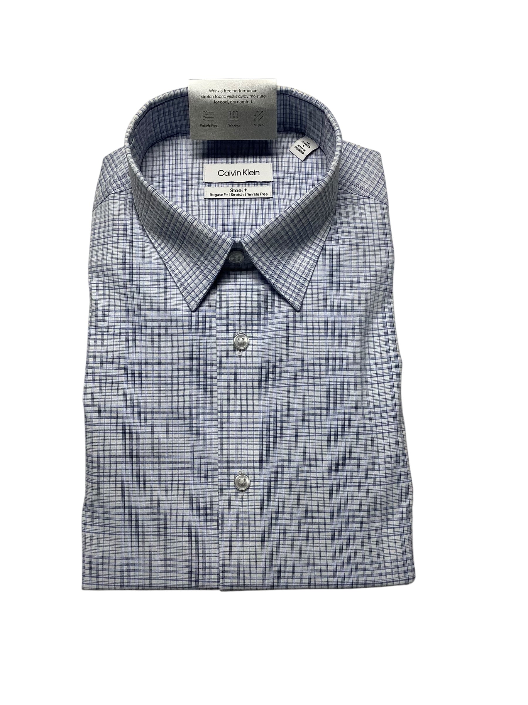 Calvin Klein Mens Regular fit Dress Shirt Medium 15.5 in 34-35 Blue Plaid