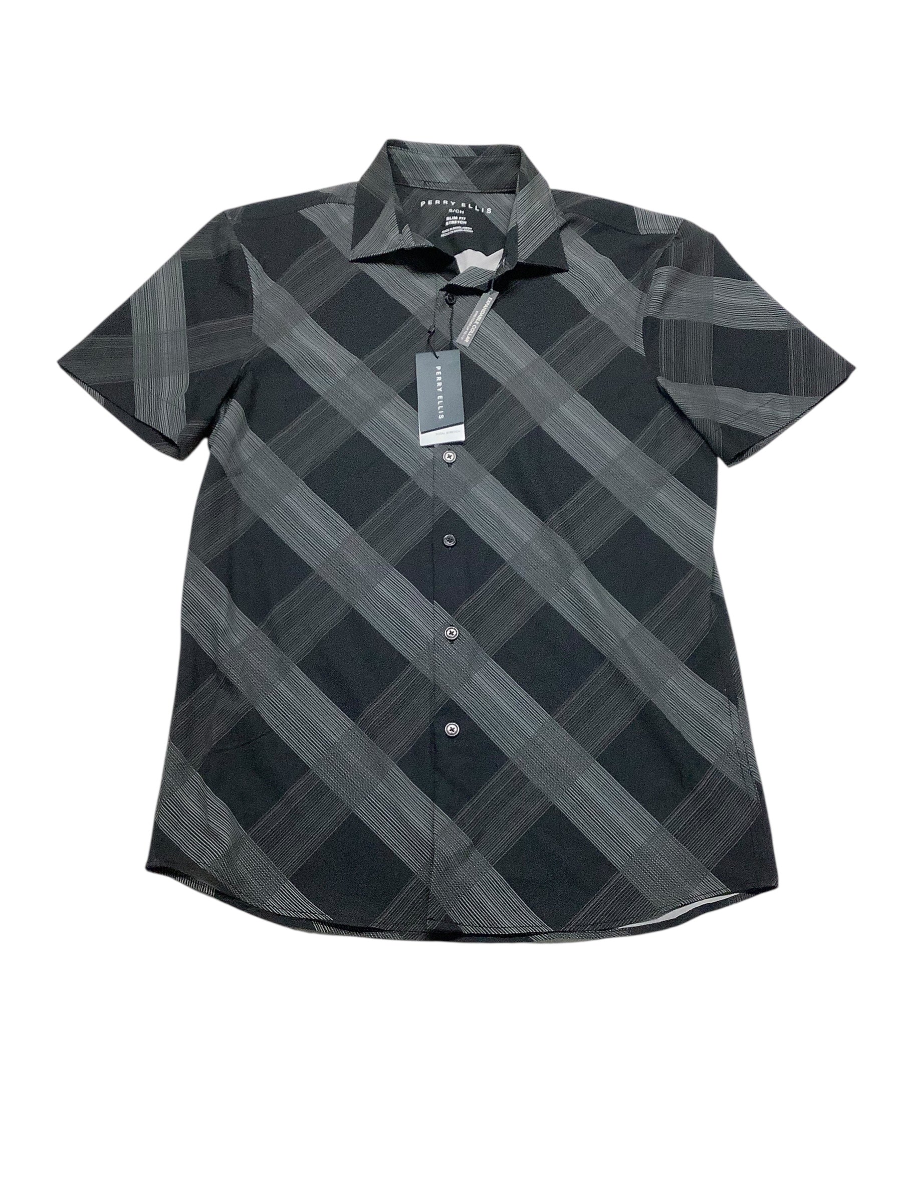 Perry Ellis Mens Slim fit Short Sleeve Button-Up Shirt Small Black Plaid