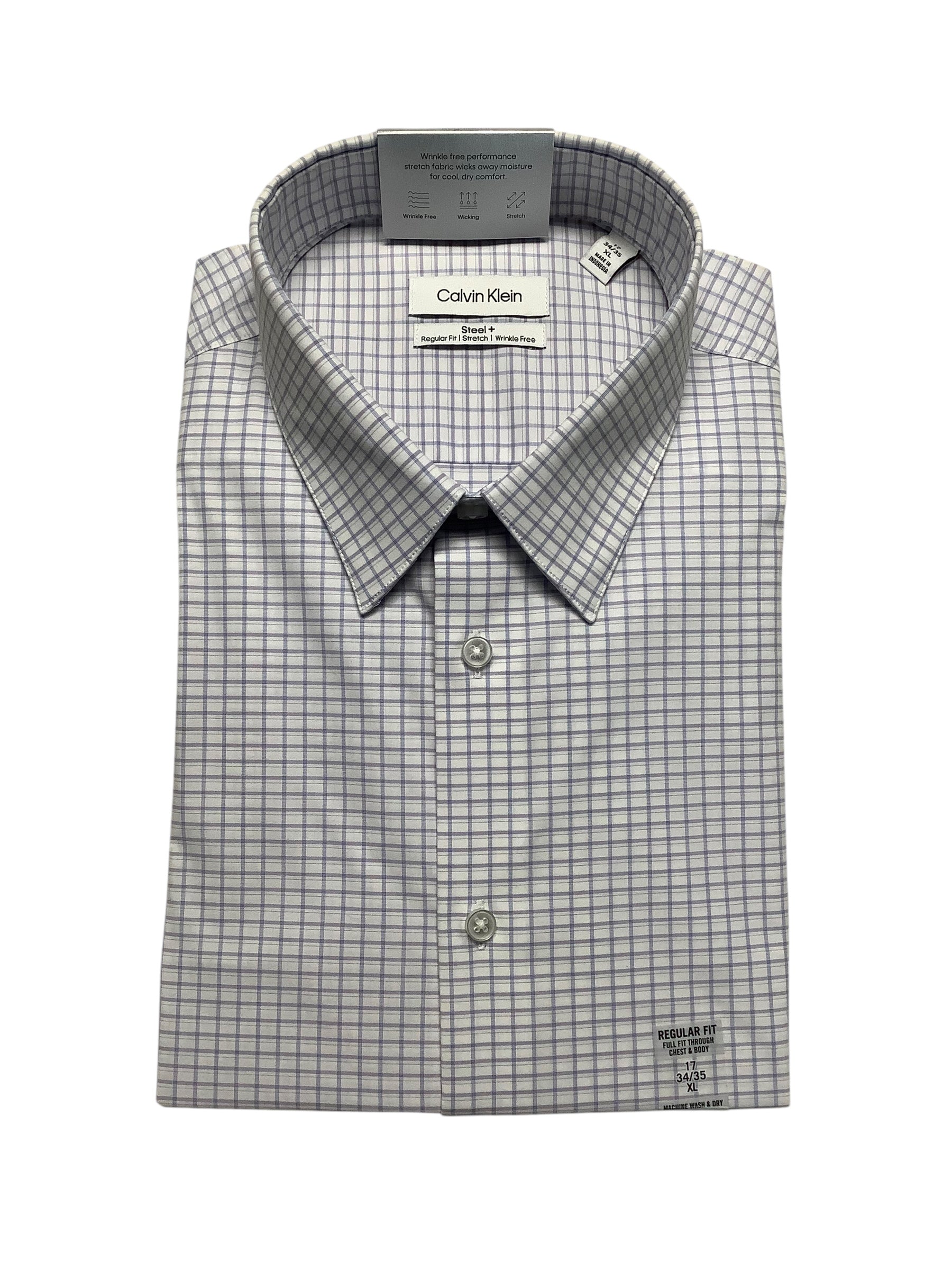 Calvin Klein Men Regular fit Dress Shirt XL 17 in 34-35 White Plaid