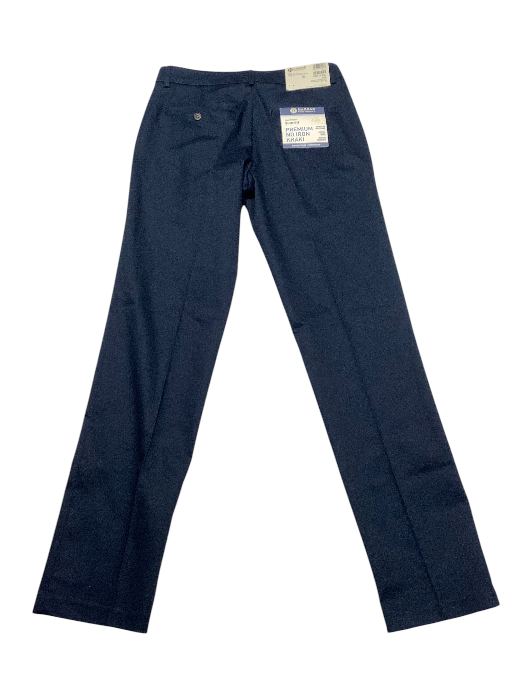 Haggar Mens No-Iron Khaki Flex Waist Slim-Fit Flat-Front Pants Navy 30 x 32