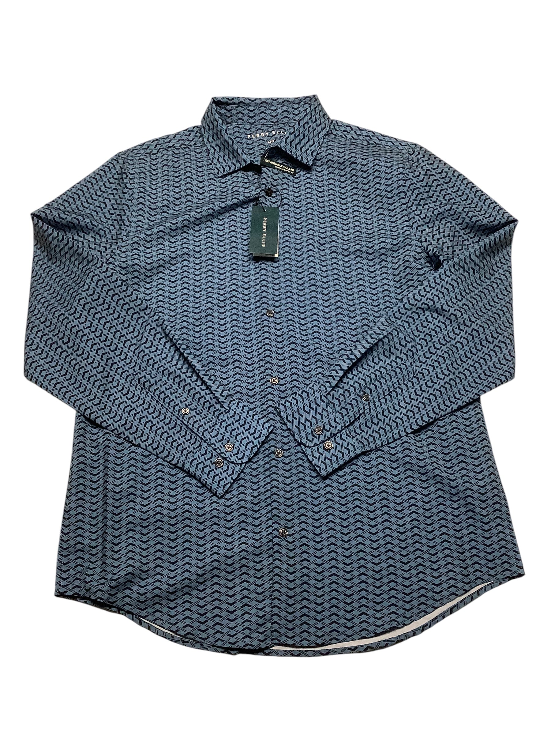 Perry Ellis Mens Regular fit Long Sleeve Button-Up Shirt Large Blue Stretch