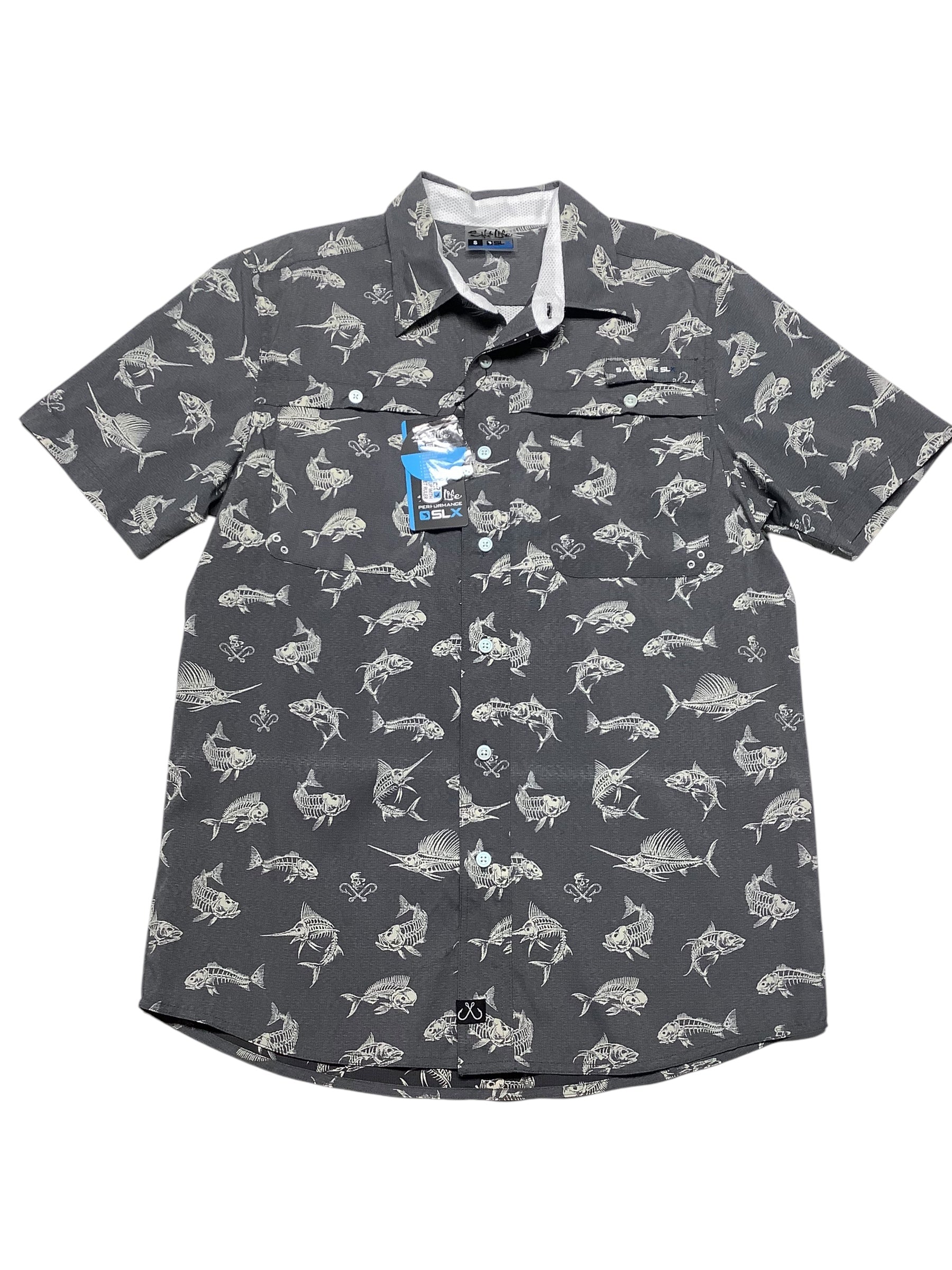 Salt Life Mens Regular fit Short Sleeve Button-Up Shirt XL Grey Fish Bones