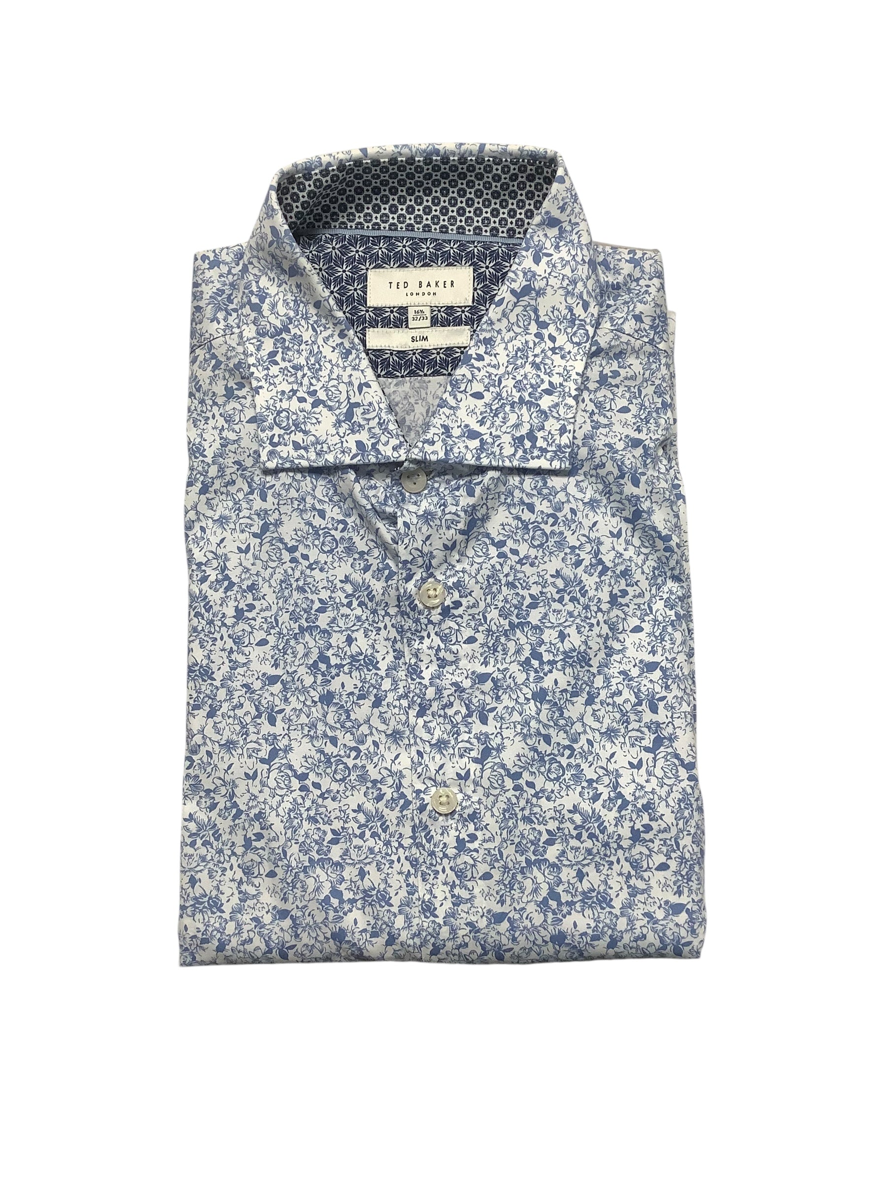 Ted Baker Mens Slim fit Dress Shirt Large 16.5 in 32-33 Blue Floral