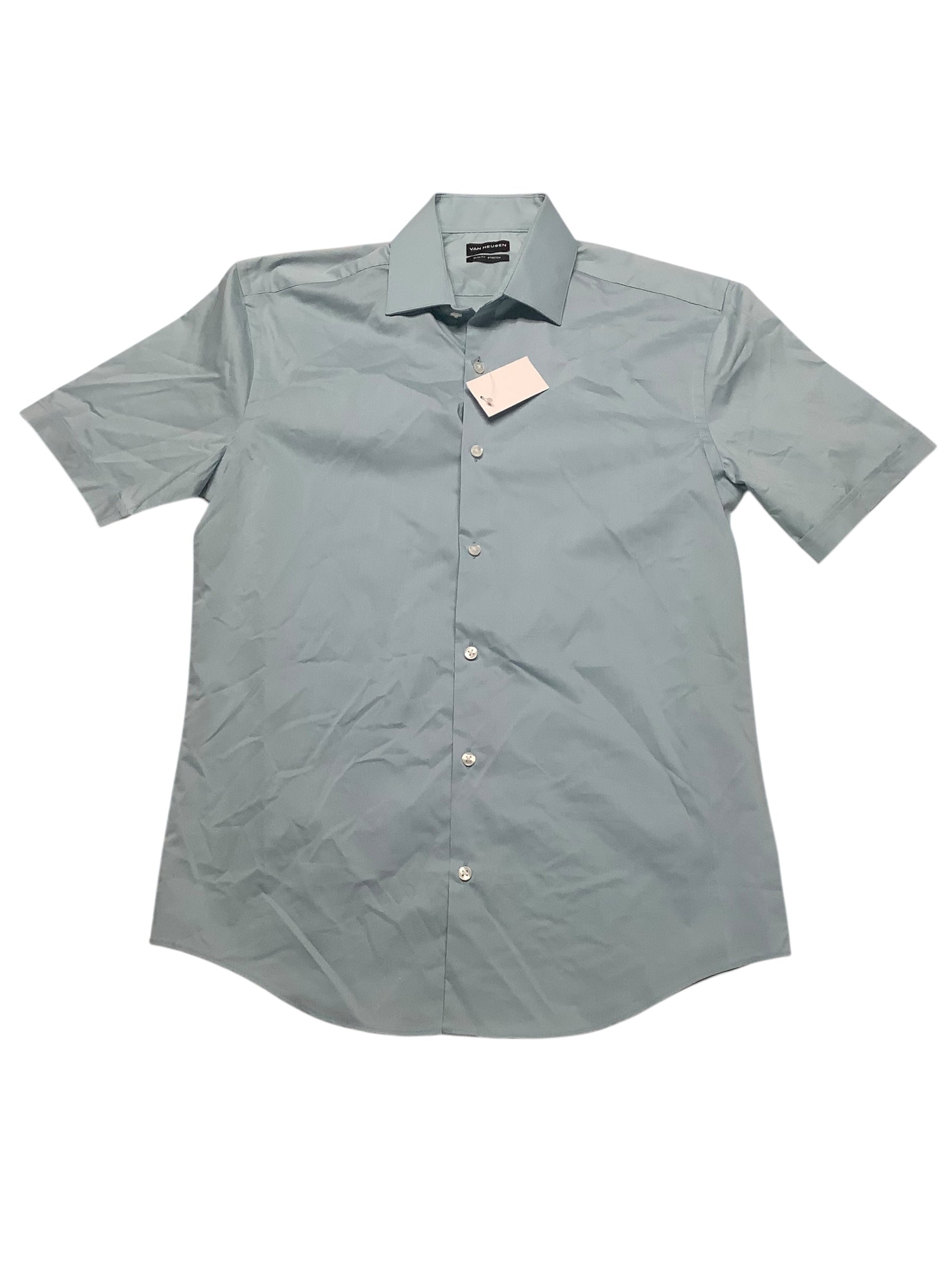 Van Heusen Mens Slim fit Short Sleeve Button-Up Shirt Medium Blue Solid Stretch