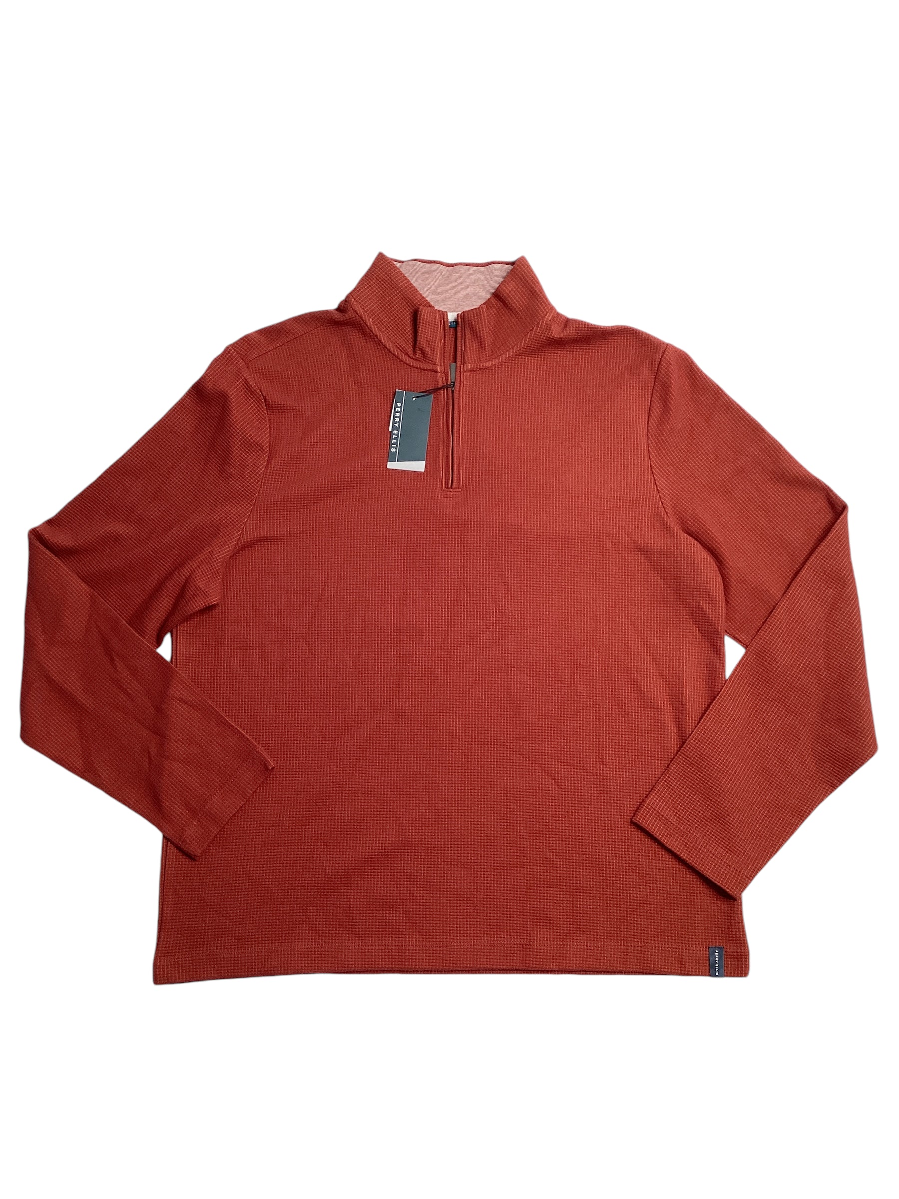 Perry Ellis Mens Waffle Knit Quarter Zip Sweater Fired Brick Red XL