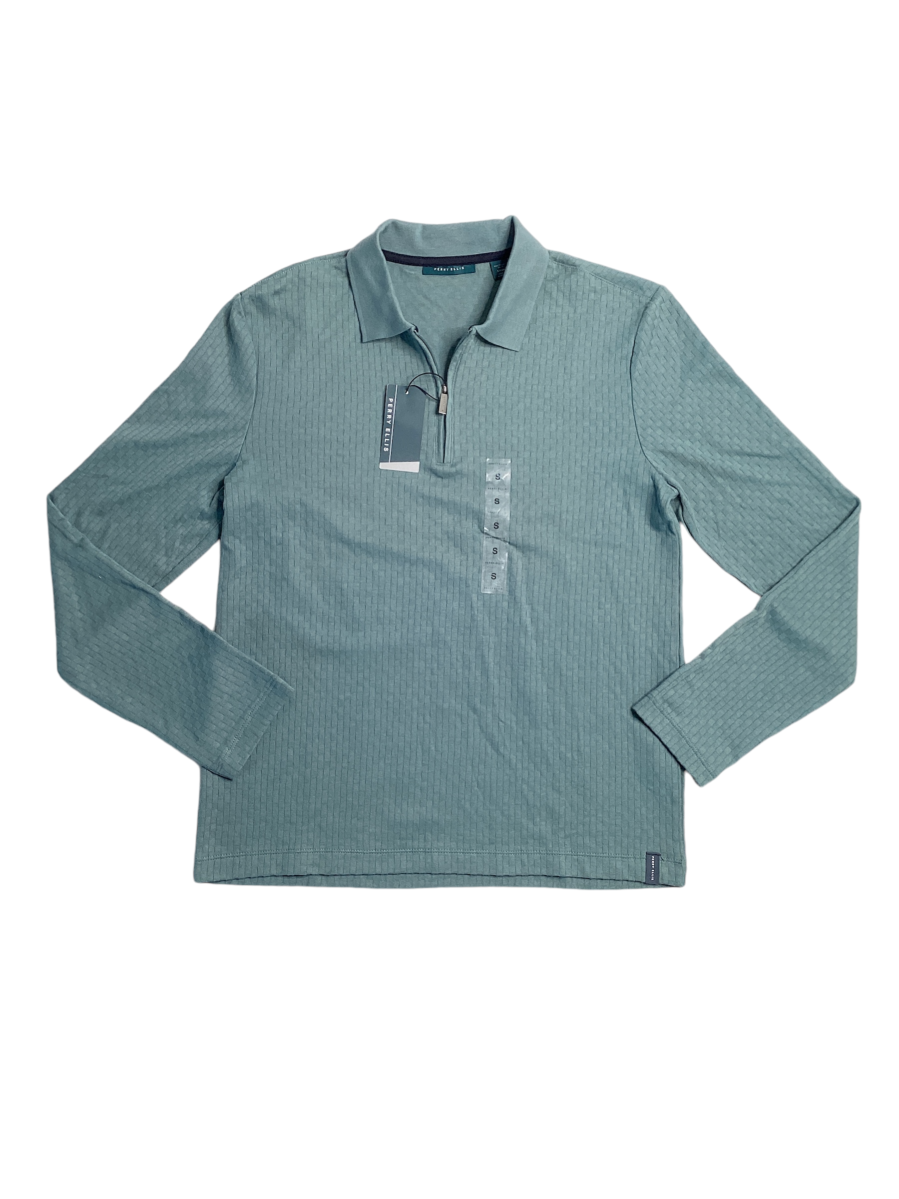 Perry Ellis Men's Long Sleeve Quarter Zip Polo Shirt Jacquard Goblin Blue Small