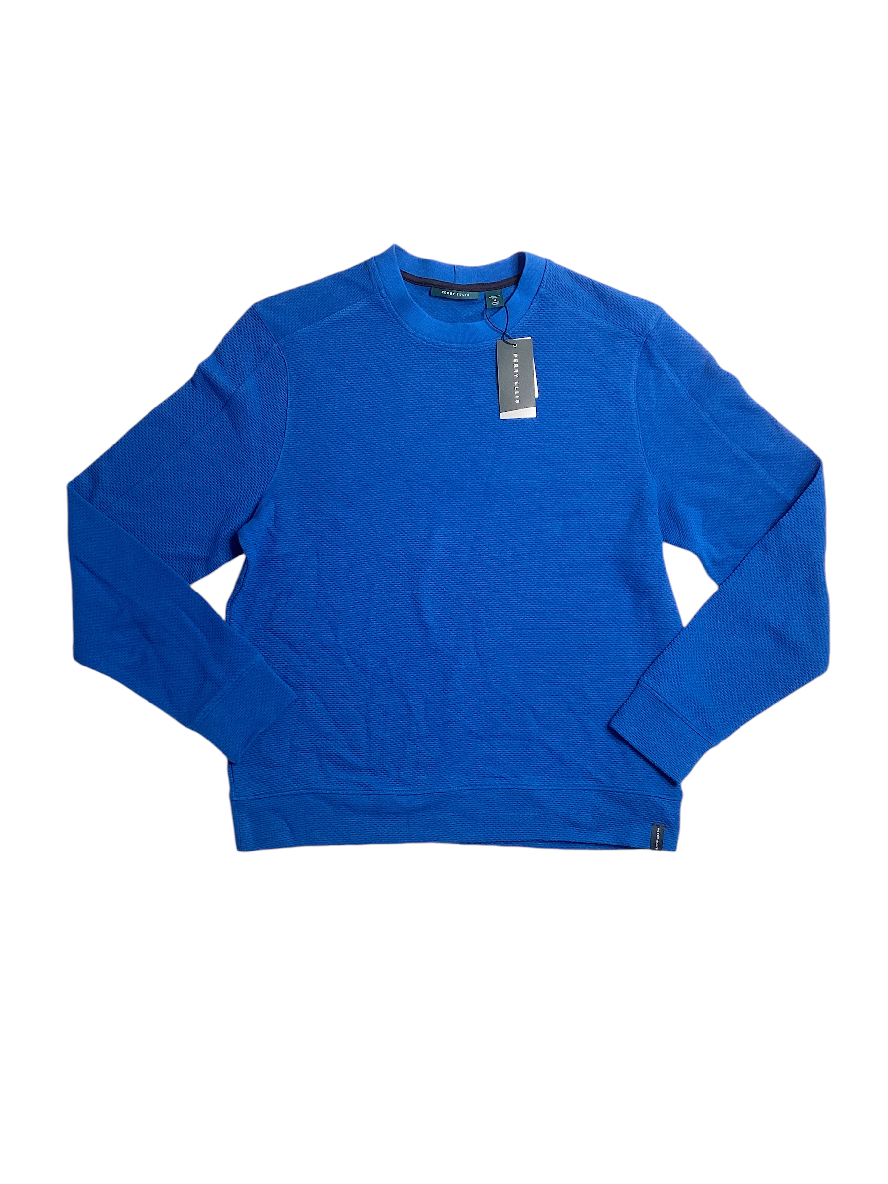 Perry Ellis Mens Crewneck Long Sleeve Waffle T Shirt Royal Blue  Medium
