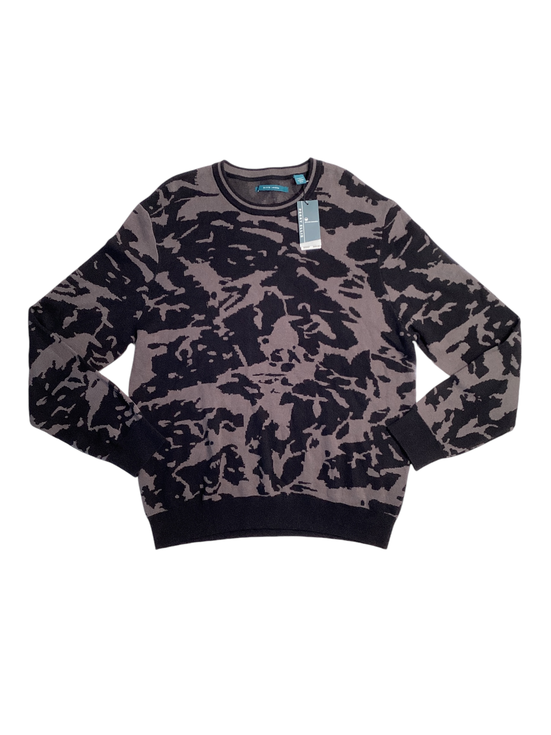 Perry Ellis Mens Jacquard Camo Crewneck Sweatshirt Grey Black Large