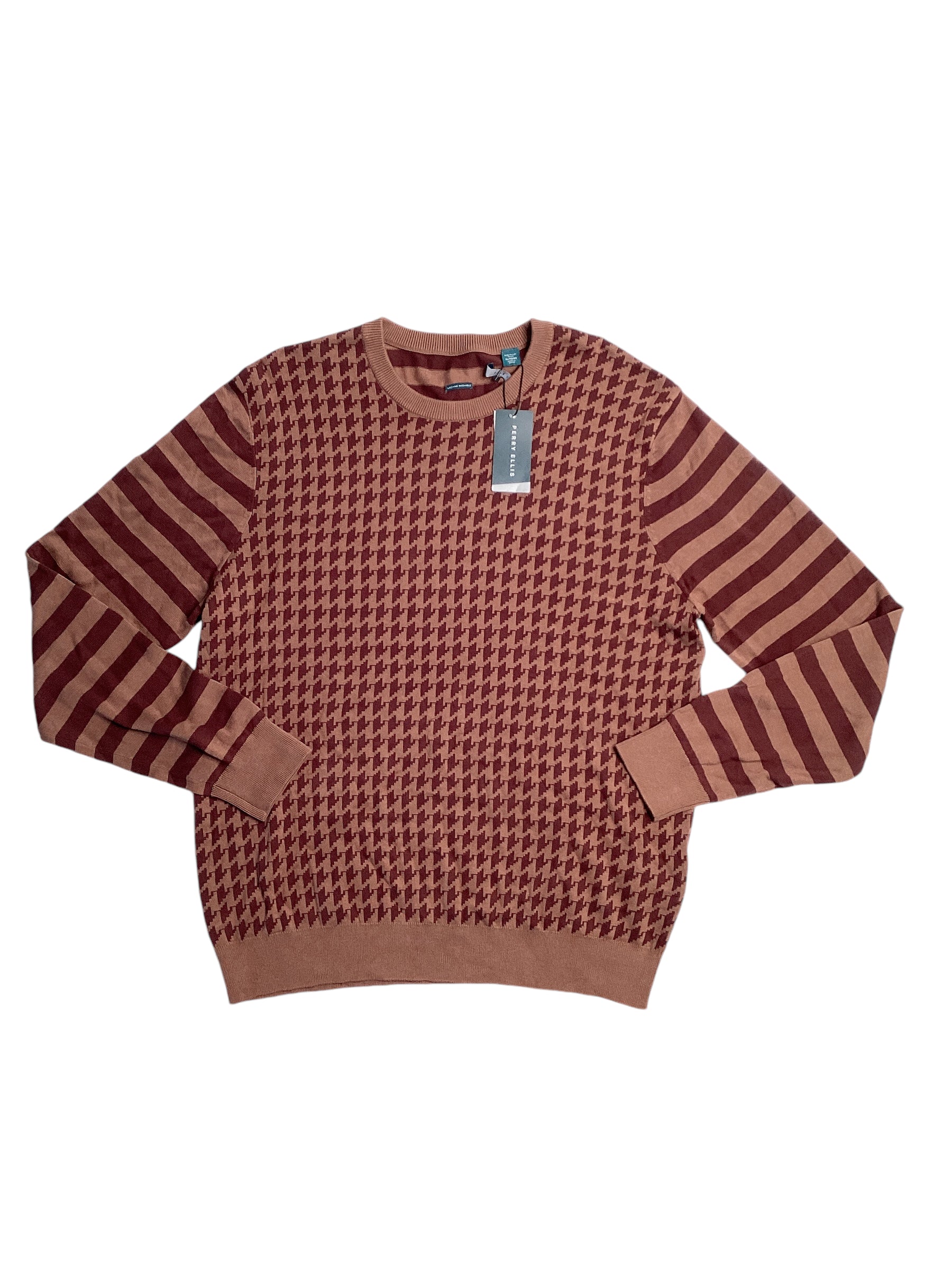 Perry Ellis Mens Mixed Pattern Crewneck Sweater Bitter Chocolate Brown 2XL