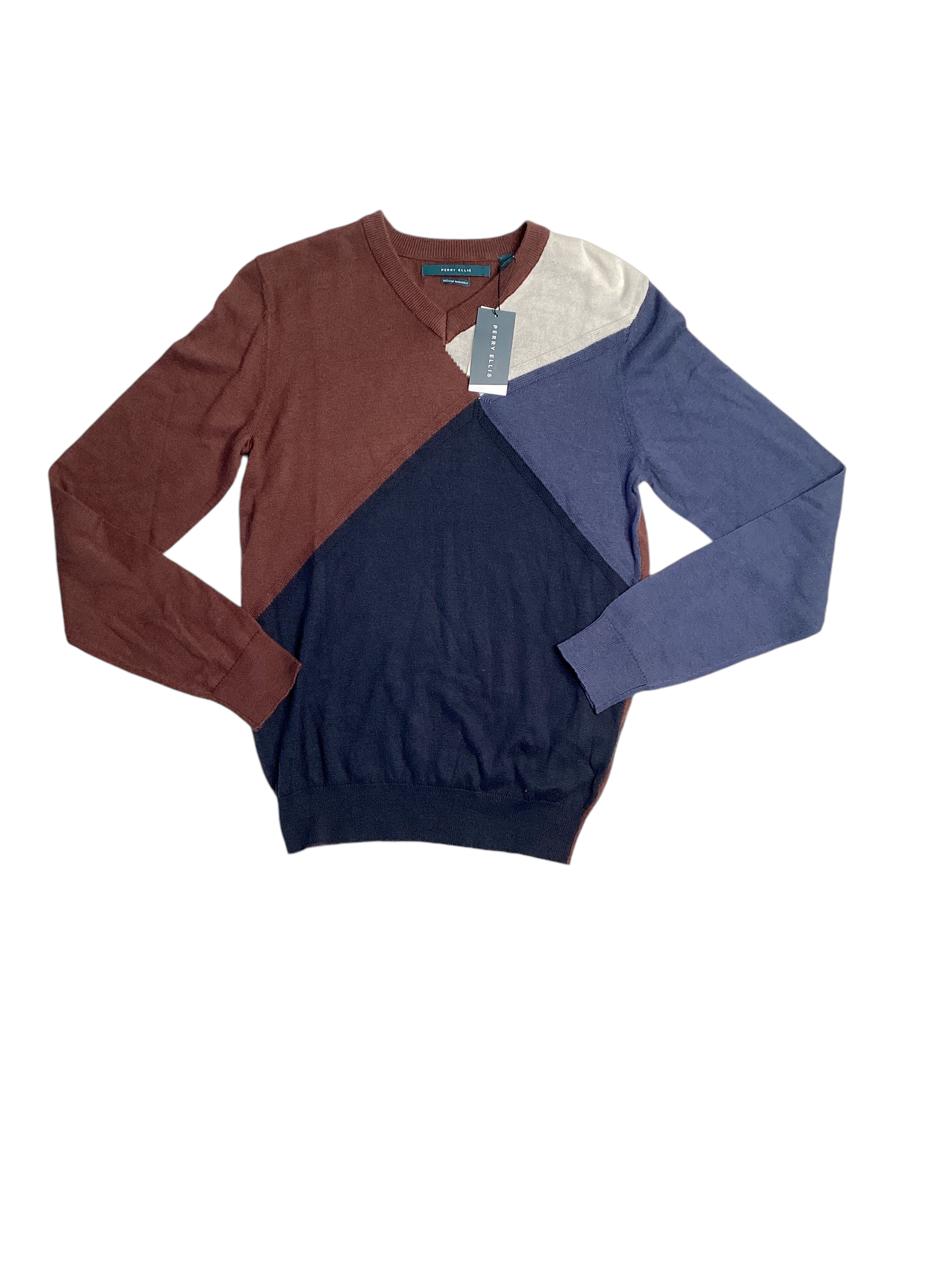 Perry Ellis Mens V Neck Cotton Blend Sweater Brown Blue Small