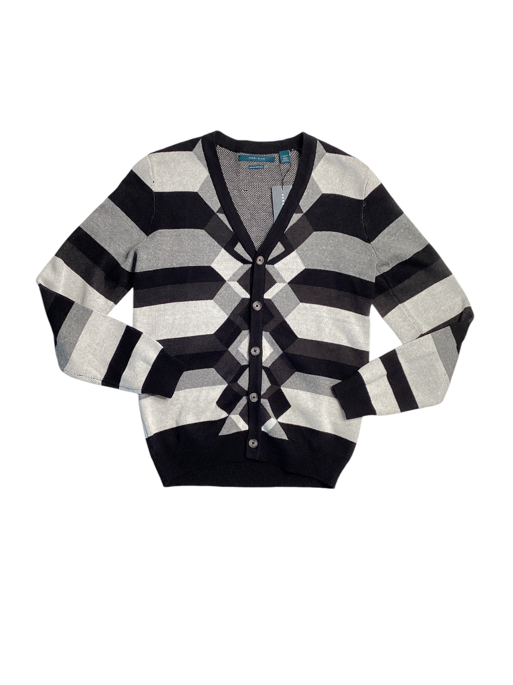Perry Ellis Mens Button Down Cardigan Sweater Black Grey White Medium