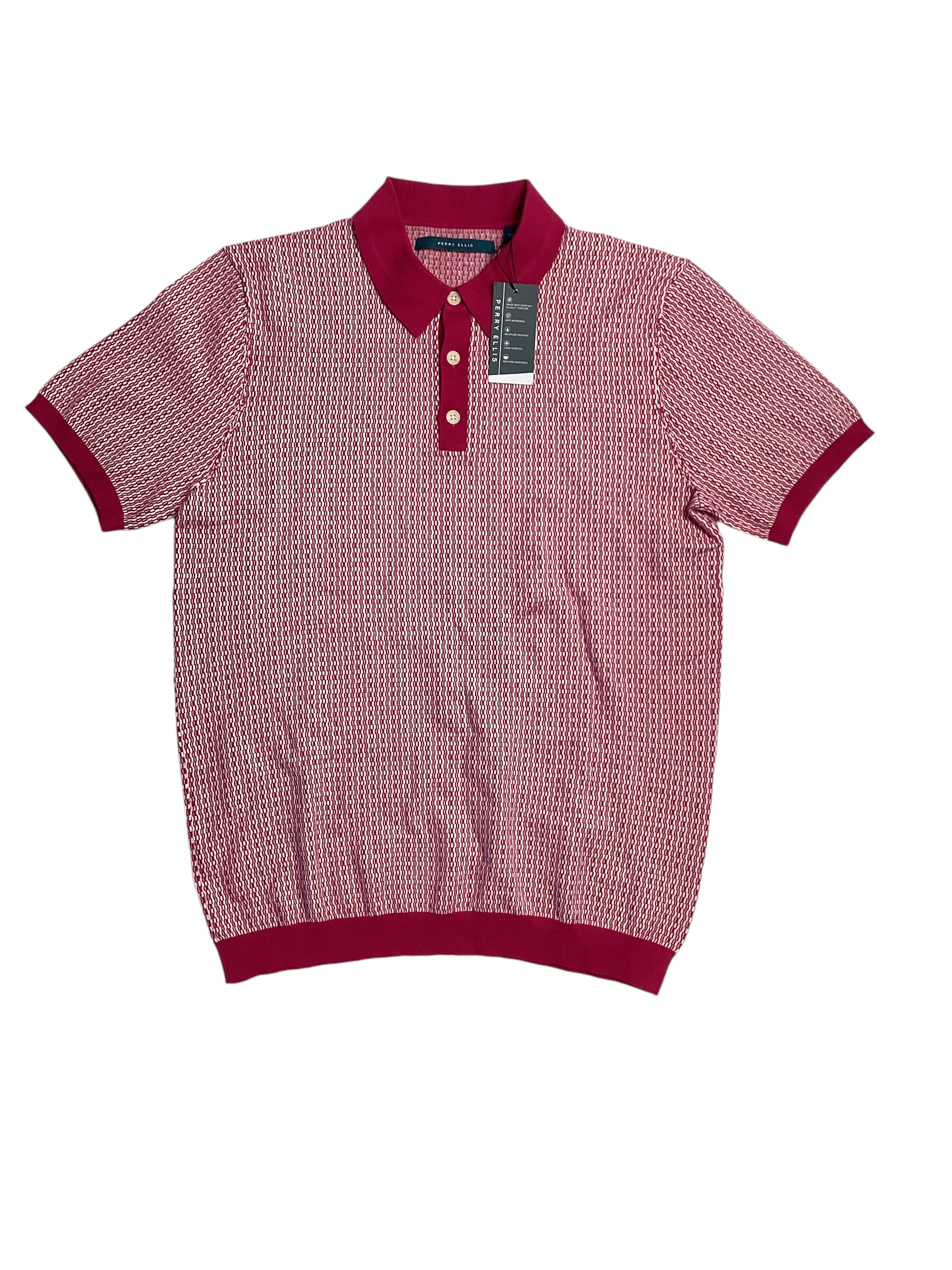 Perry Ellis Mens Jacquard Geo Patter Short Sleeve Polo Shirt Sangria Pink Medium