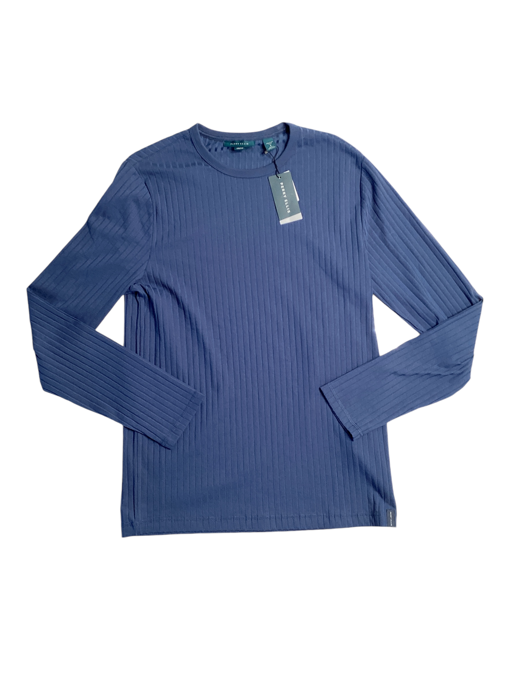 Perry Ellis Mens Ribbed Crewneck Long Sleeve T Shirt Dark Denim Blue Medium