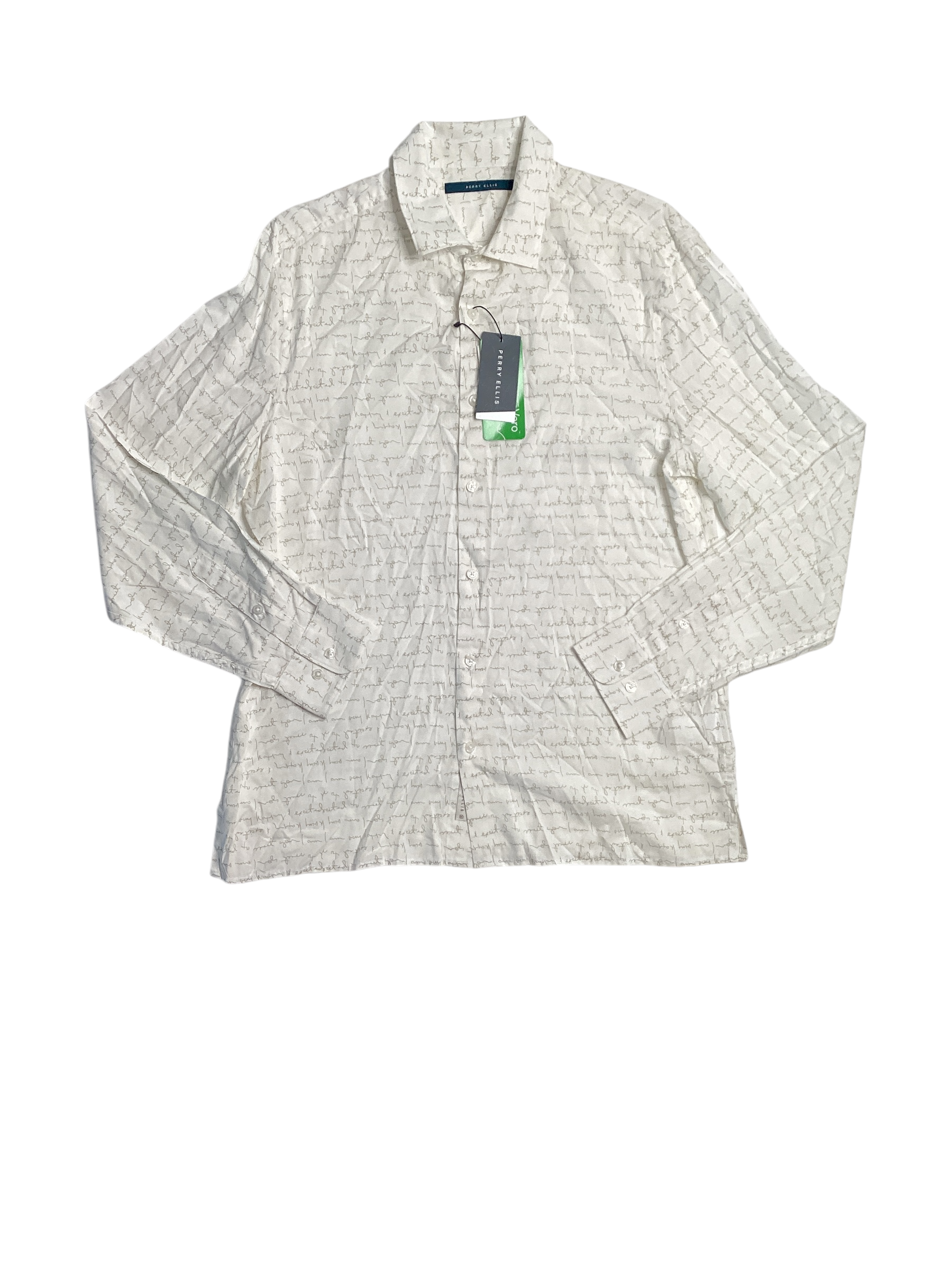 Perry Ellis Mens Writing Print Button Down Shirt Bright White Medium