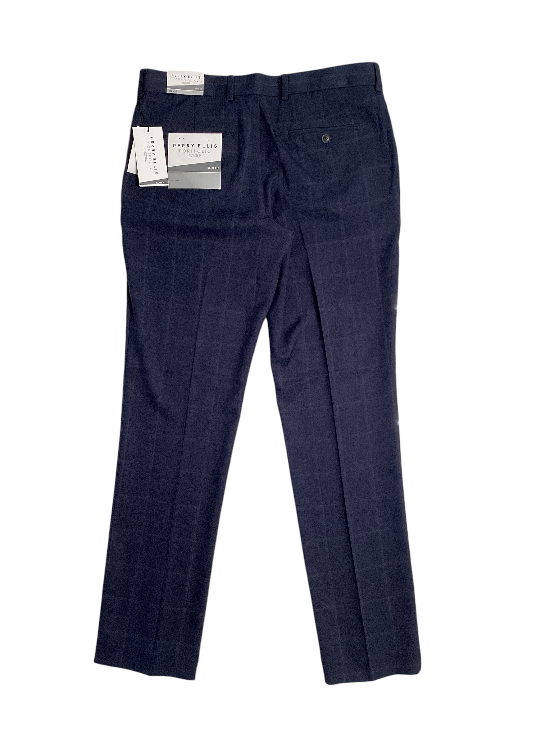 Perry Ellis Portfolio Mens Slim fit Dress Pants 33 / 32 Navy Blue Plaid