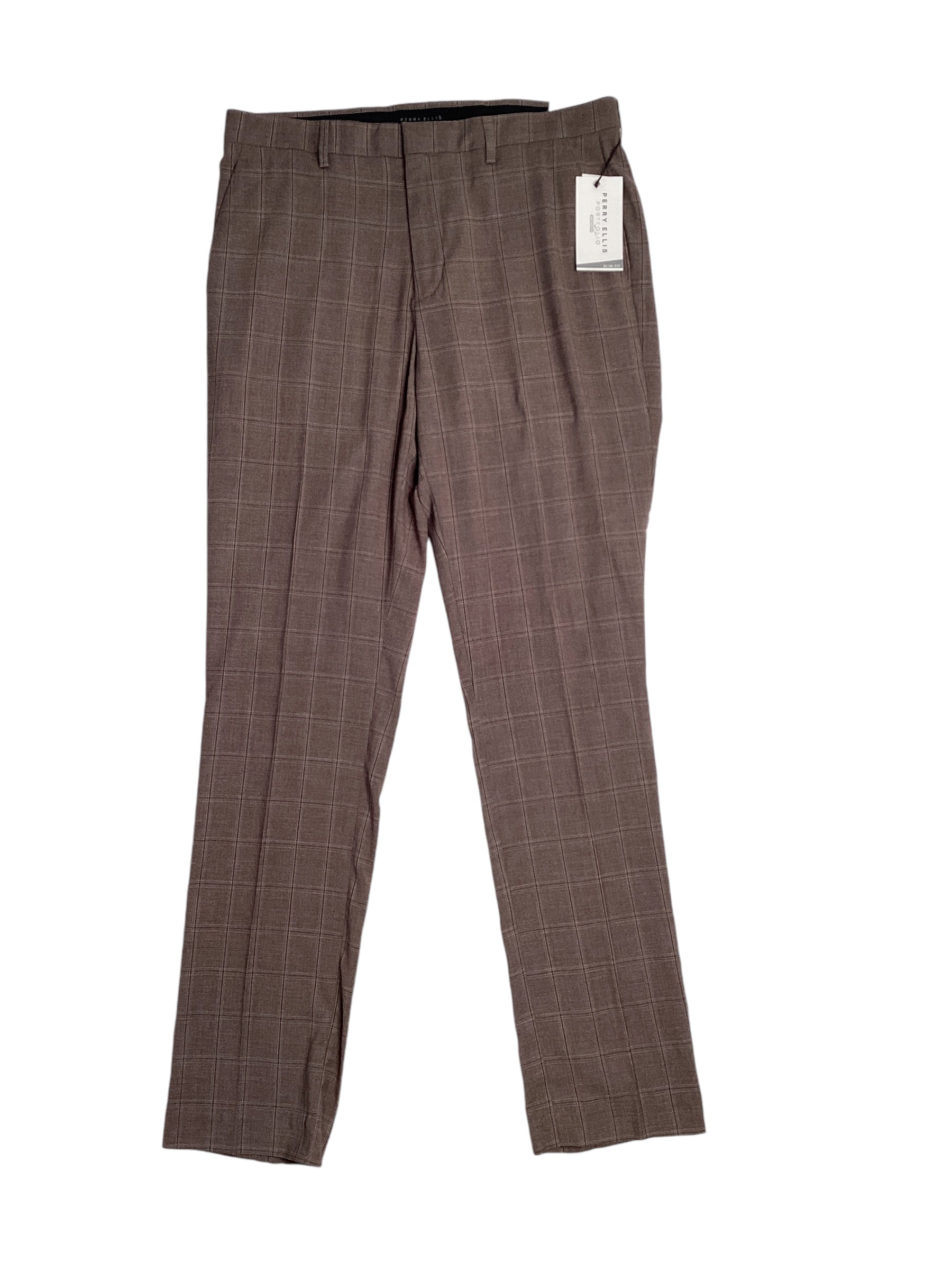 Perry Ellis Portfolio Mens Slim Fit Stretch Dress Pants Brown 33 x 32