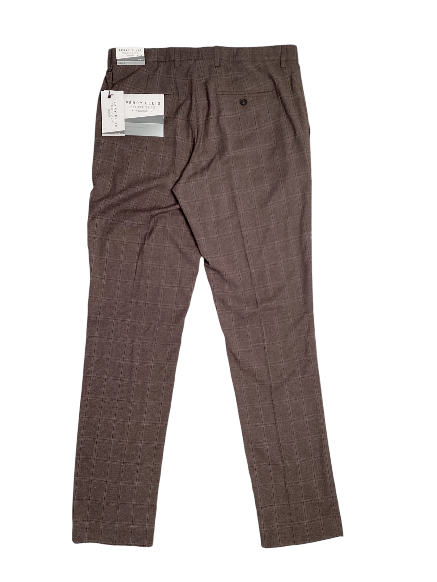 Perry Ellis Portfolio Mens Slim Fit Stretch Dress Pants Brown 33 x 32
