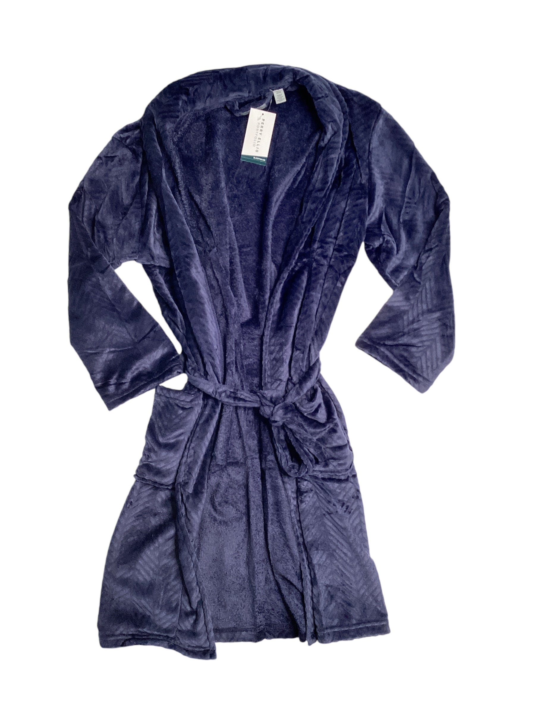 Perry Ellis Mens Herringbone Textured Fleece Robe Peacoat Blue