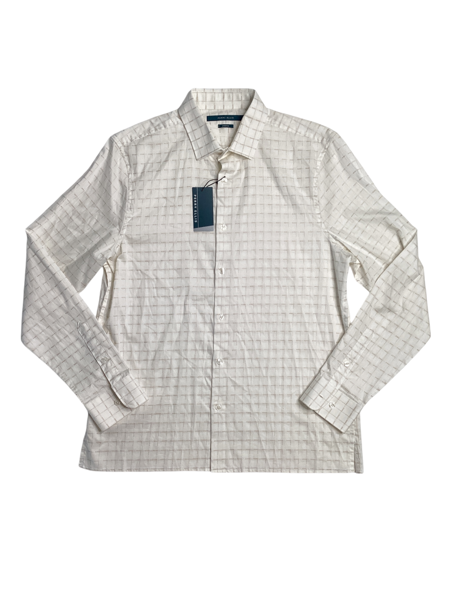 Perry Ellis Men's Dobby Geo Print Button Down Shirt Bright White XL