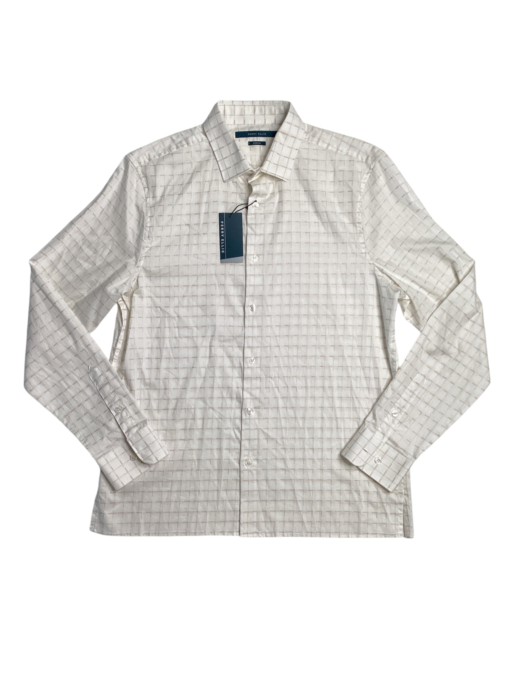 Perry Ellis Men's Dobby Geo Long Sleeve Button Down Shirt Bright White Large