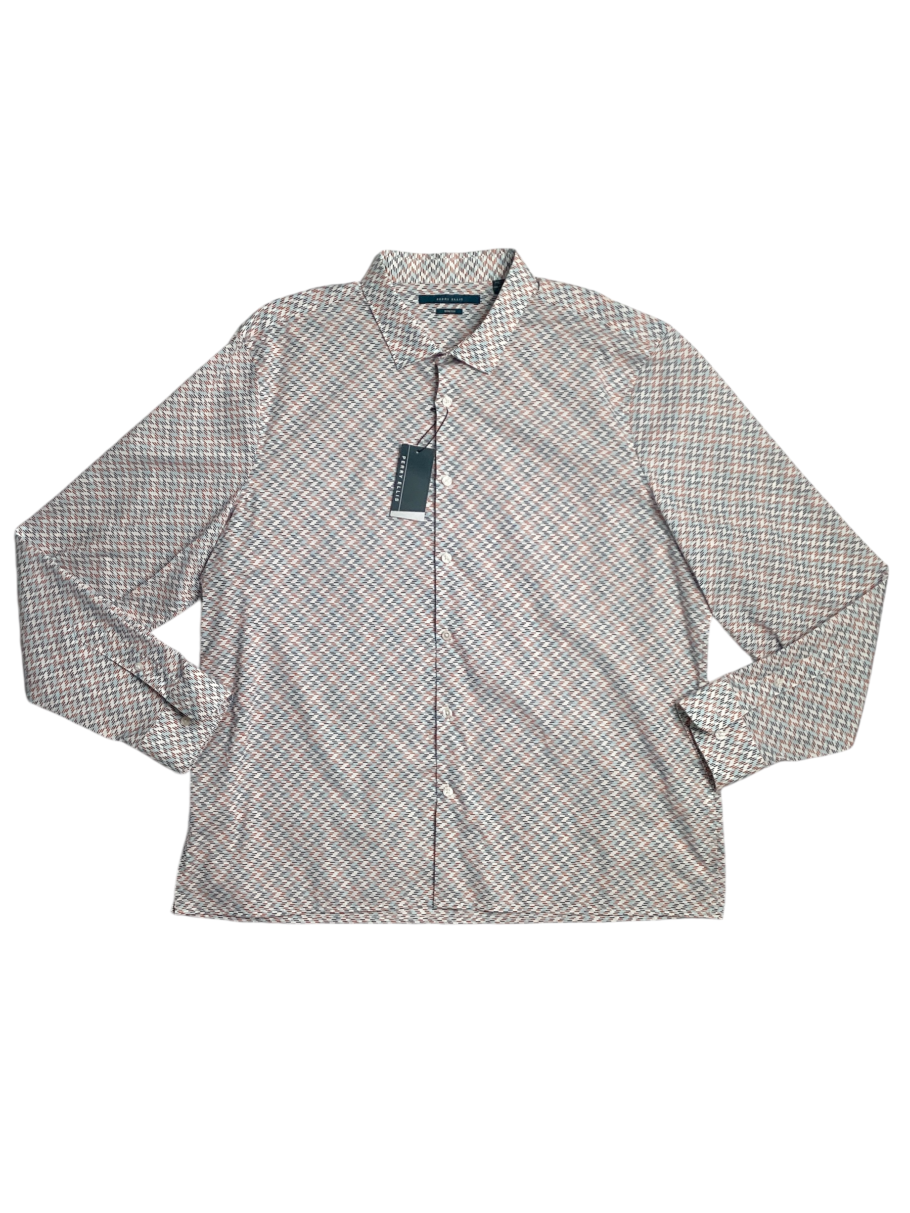 Perry Ellis Mens Line Print Cotton Button Down Shirt Beige Green Combo  XXL
