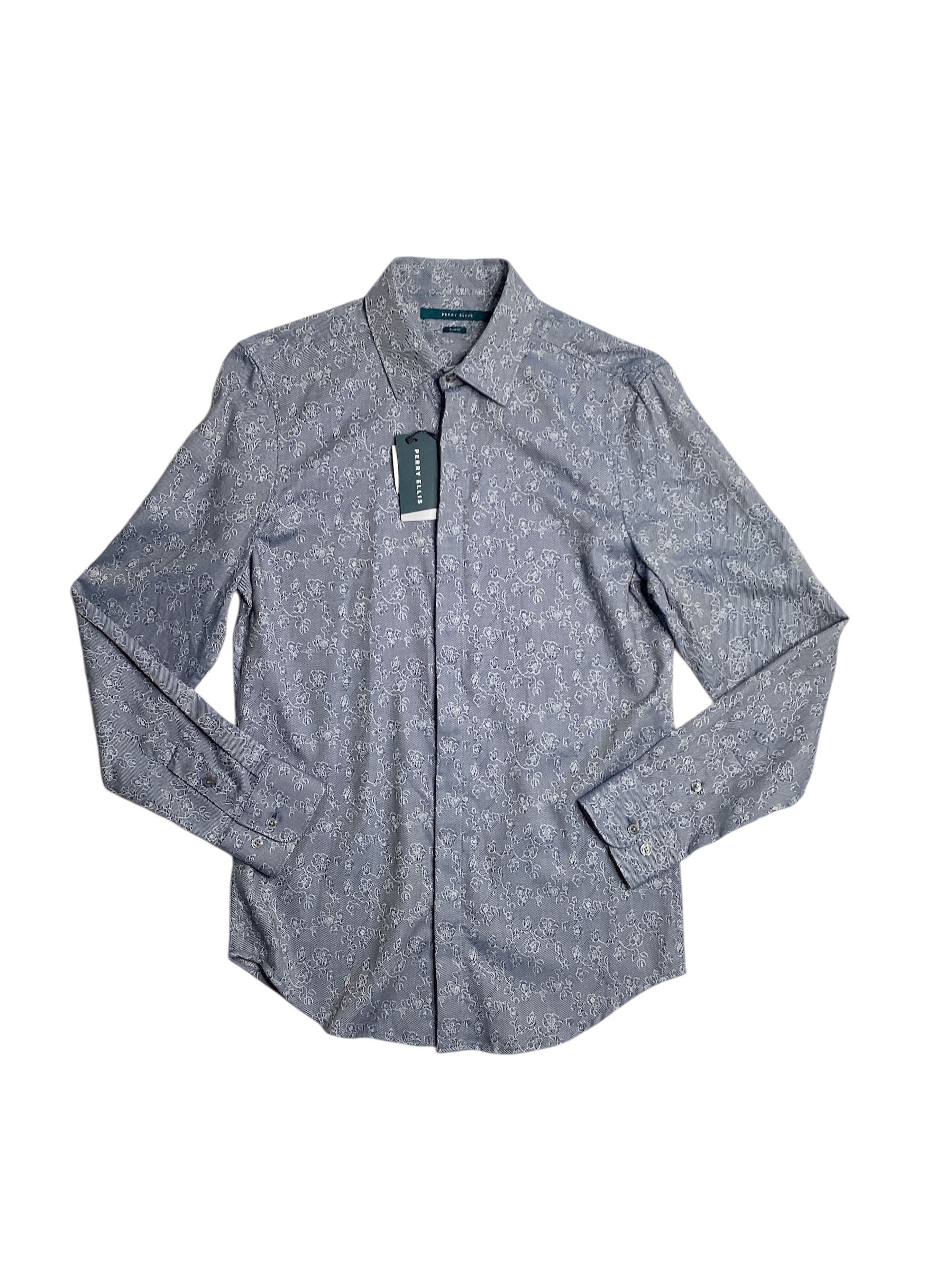 Perry Ellis Men's Slim Fit Button Down Shirt Floral Dark Denim Blue 2XL