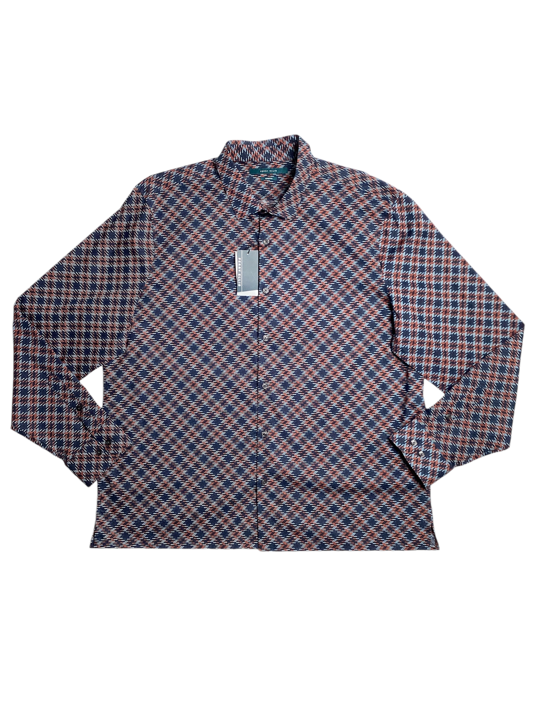 Perry Ellis Mens Cotton Button Down Shirt Blue Orange XXL