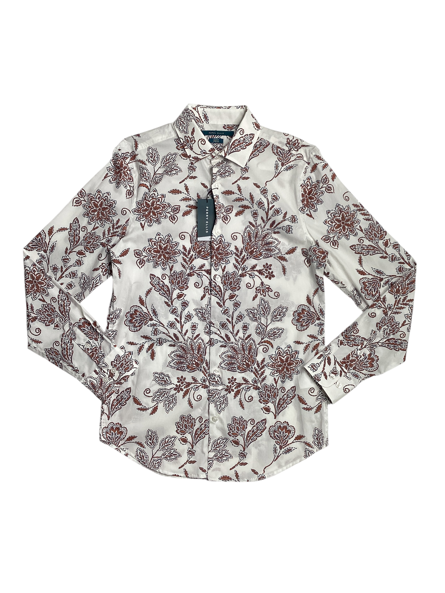 Perry Ellis Mens Slim Fit Floral Button Down Shirt Bright White 2XL