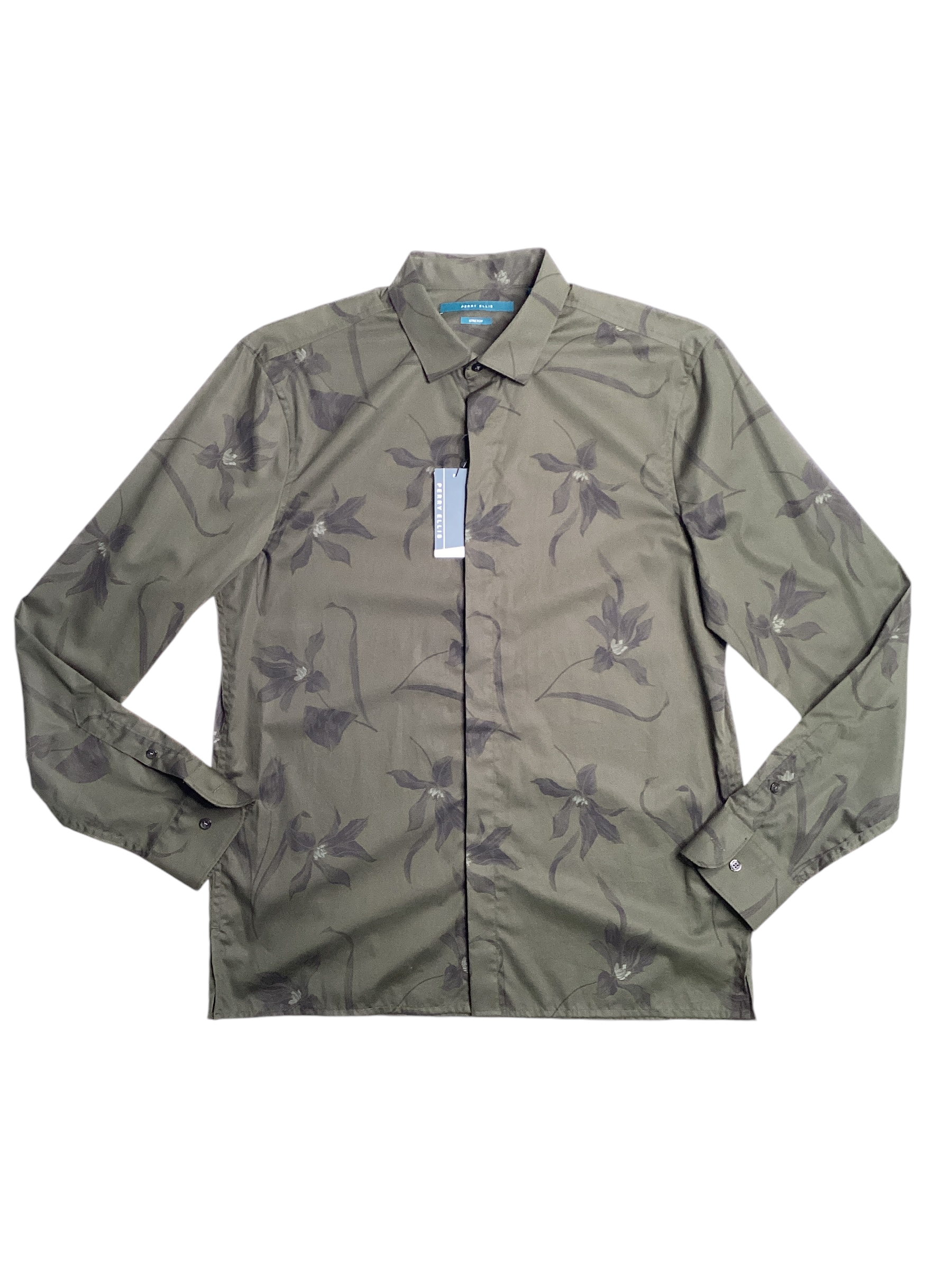 Perry Ellis Mens Floral Print Button Down Shirt Rosin Green Medium